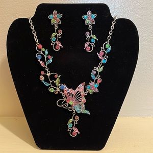 Fashion earrings and necklace set, silver toned, pastel stones.